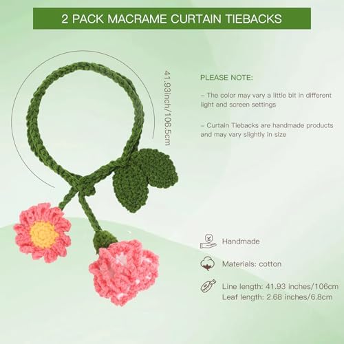 2 Pack Boho Handmade Flower Curtain Tiebacks & Holdbacks, Carnations - Image 3