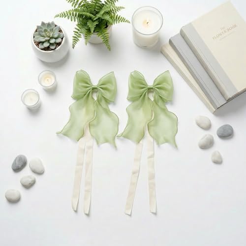 2 Pack French Lace Bow Curtain Tiebacks, Mint Green - Image 2