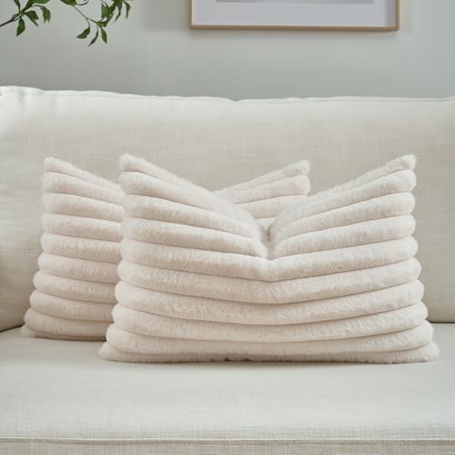 FUTEI Pack of 2 Faux Fur Throw Pillow Covers 12x20 Inch, Light Beige by FUTEI