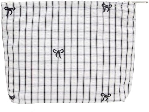 Flat Makeup Bag for Women, Zipper Cosmetic Pouch for Purse, Gingham Black by PAZIMIIK