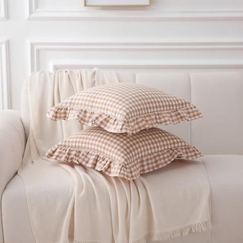 2 Pack Taupe White Gingham Ruffle Throw Pillow Covers 18''x18'' - Image 3
