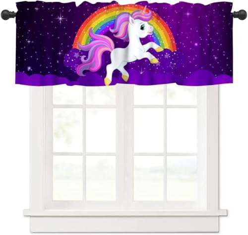 Cute Unicorn Valance, Cartoon Pink Unicorn Rainbow Purple Starry Sky Stars by JanJCurt