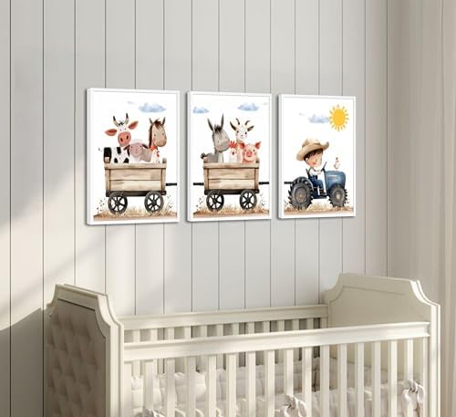 3Pcs Cute Farm Animals Wall Art Nursery Cartoon Watercolor Animal Painting - Image 2