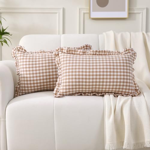 2 Pack Taupe Gingham Ruffle Lumbar Throw Pillow Shams 12''x20'' by KMASANIJI