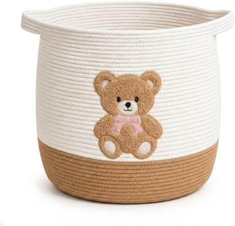 Teddy Bear Nursery Basket, Cotton Rope Baby Laundry Hamper by Unknown