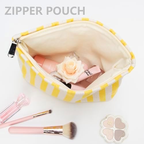Flat Makeup Bag for Women, Zipper Cosmetic Pouch for Purse, Stripe Yellow - Image 4