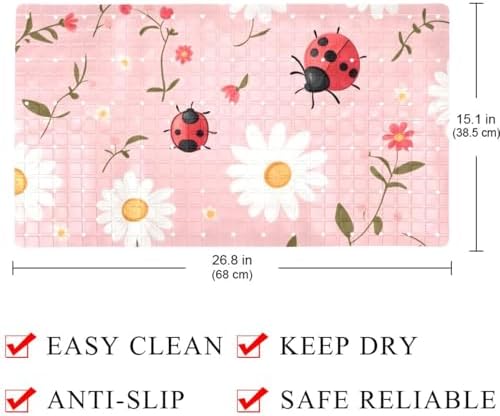 Shower Mat Non Slip 26.8 x 15.1 Inches, Ladybugs Daisies Bathtub Mat Shower - Image 4