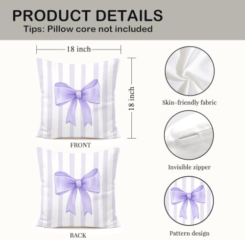 Lilac Bow Decorative Throw Pillow 18x18 Inch – Cute Blush Pink Striped Pillow - Image 2