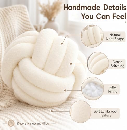 Petrella Ivory White Knot Pillow Ball, 8 Inch Round Decorative Throw Pillow - Image 4