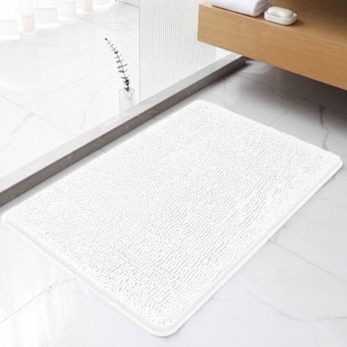 Chenille Bathroom Rug 24"x36" White, Non-Slip Plush Bath Mat by Kildoss