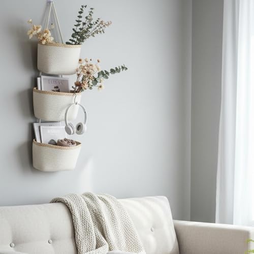 TeoKJ Over the Door Hanging Basket, 3-Tier Woven Cotton Wall-Mounted Storage - Image 4