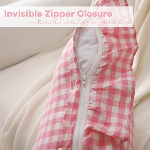 2 Pack Coral Pink Gingham Ruffle Throw Pillow Covers 22''x22'' - Image 4