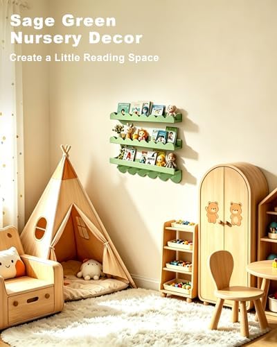 Nursery Book Shelves with Hooks, Scalloped Shelves - Image 3