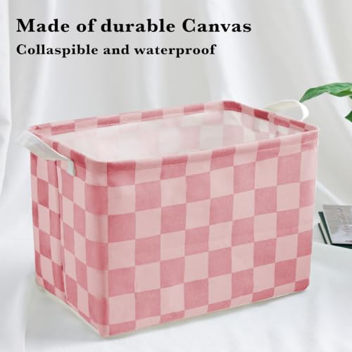 Ohocut Pink Coral Checkered Canvas Basket, Rectangular Organizing Decorative - Image 5