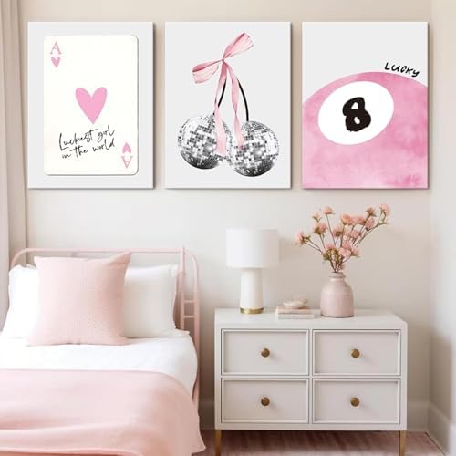 JBZZD Pink Coquette Canvas Wall Art Set of 3 Trendy Preppy Disco 8 Ball Cherry - Image 5