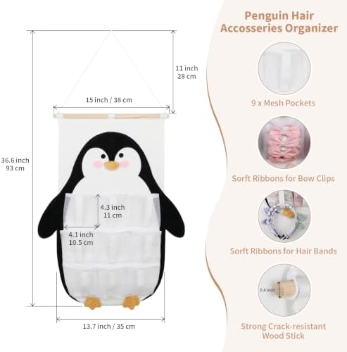 Penguin Hair Bow Organizer for Girls, 9 Mesh Pockets w/Ribbons - Image 2