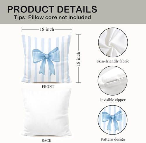 Coquette Blue Bow Pillow Covers 18x18, Coquette Room Decor, Preppy Blue Striped - Image 2