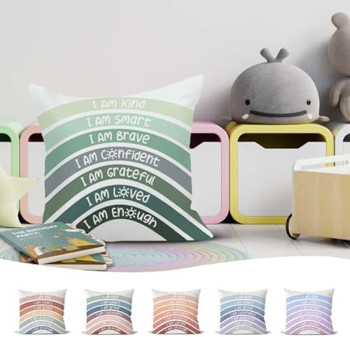 QIYUHOY Boho Sage Eucalyptus Green Rainbow Classroom Throw Pillow Covers - Image 6