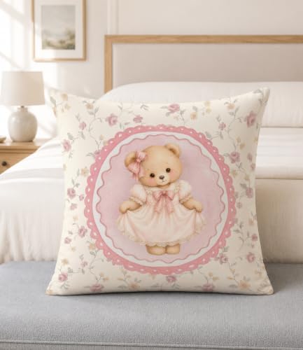 Pink Bear Throw Pillow Cover 18x18, Floral Bow Girls Room Decor - Image 4