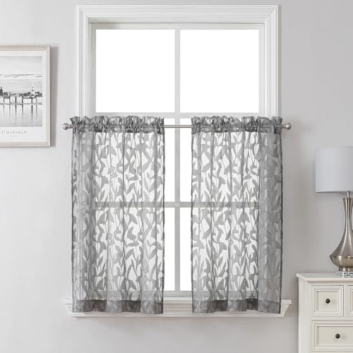 Lecloud Leia Charcoal Grey Sheer Kitchen Curtains 36 Inch Length 2 Panels by Lecloud