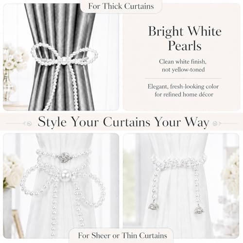 Pearl Bow Magnetic Curtain Tiebacks 2 Pack, No Drill Curtain Holdbacks - Image 2