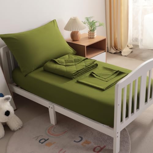 BEDSUM 4pc Toddler Cooling Bedding Set, Rayon Made from Bamboo, Olive Green - Image 6