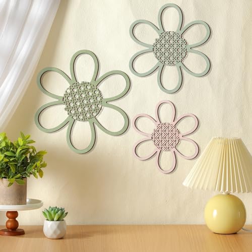 Maitys Boho Wall Decor Set of 3, Wood & Rattan Daisy Flower Wall Hanging Art - Image 3