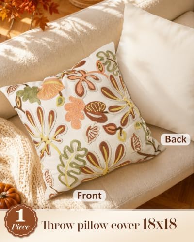 Embroidered Throw Pillow Cover, 18x18 Inch, Fall Abstract Floral - Image 4