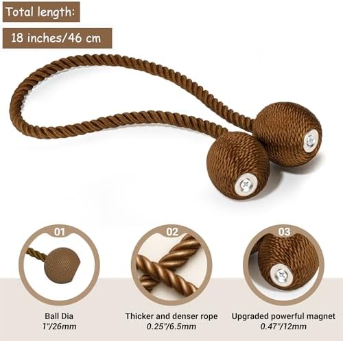 Hion Magnetic Curtain Tiebacks Dark Brown 2pcs, Curtain Holdbacks Hooks - Image 2
