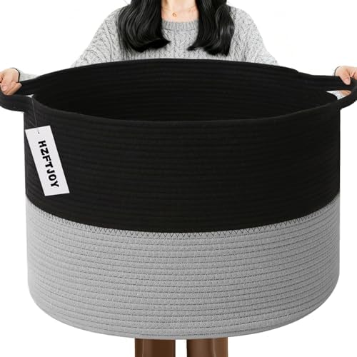 65L Large Blanket Basket, Woven Laundry Basket-Black&Light Grey by HZFTJOY