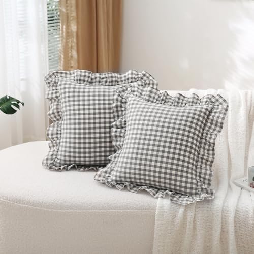 2 Pack Grey White Gingham Ruffle Throw Pillow Covers 18"x18" - Image 7