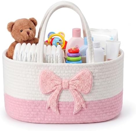 Diaper Caddy Organizer Pink Bow Empty Gift Basket by Purpeak