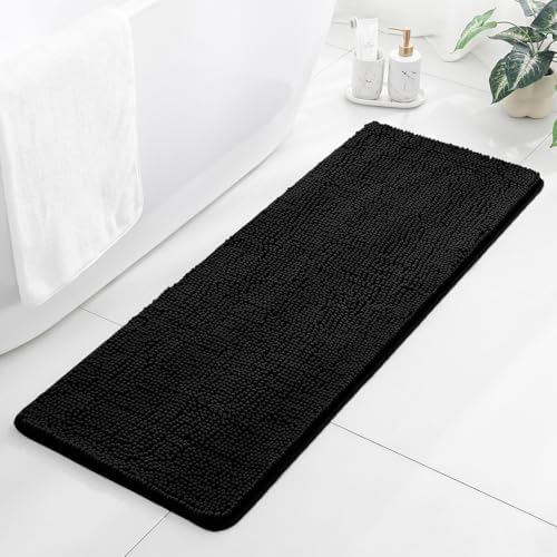 Chenille Bathroom Runner Rug 17"x47" Black, Plush Bath Mat by Kildoss
