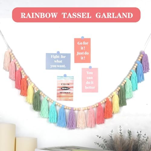 Rainbow Pastel Yarn Wood Bead Tassel Garland Wall Hanging Decor Boho Preppy - Image 6