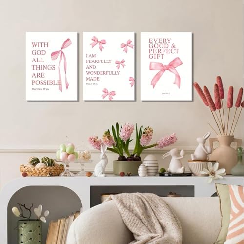 Coquette Pink Bow Canvas Wall Art Set of 3, Inspirational Bible Verses Decor - Image 4