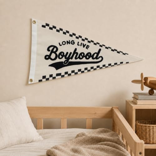 Long Live Boyhood Embroidery Pennant Flag, Checkered Banner Nursery Decor by BCXIEPU