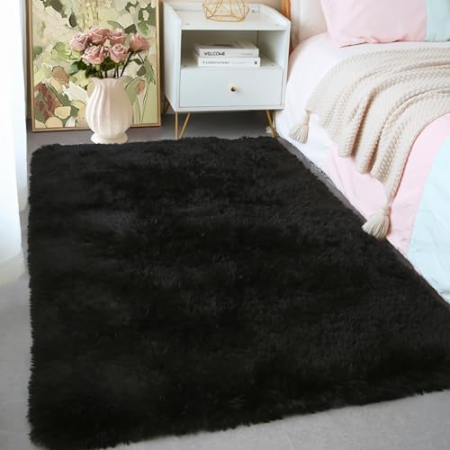 3x5 Black Fluffy Shag Rug for Bedroom, Plush Washable Carpet by KICHOWUA