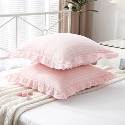 2 Pack Blush White Gingham Ruffle Throw Pillow Covers 22''x22'' - Image 3