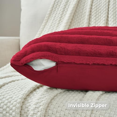 FUTEI Pack of 2 Faux Fur Throw Pillow Covers 22x22 Inch, Retro Red - Image 3