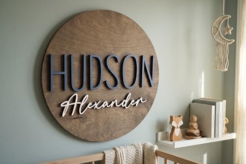Personalized Round Nursery Name Sign, Custom 3D Wooden Name Announcement Sign - Image 2