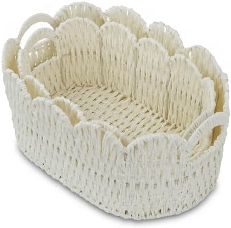 Coeusy Paper Rope Scalloped Basket Set of 2, Hand-woven Storage Baskets by WEAVECOMFORTINTOEVERYCORNER