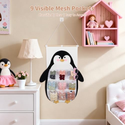 Penguin Hair Bow Organizer for Girls, 9 Mesh Pockets w/Ribbons - Image 5