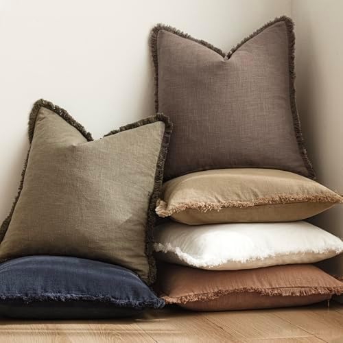 Foindtower Decorative Linen Fringe Throw Pillow Covers 18×18 Light Coffee - Image 6
