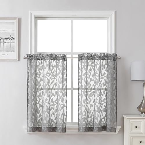 Lecloud Leia Charcoal Grey Sheer Kitchen Curtains 30 Inch Length 2 Pcs by Lecloud