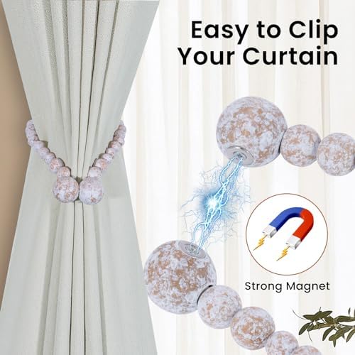 KLOGTSIND Magnetic Curtain Tiebacks, 2 Pack Wood Bead Curtain Holdbacks - Image 2