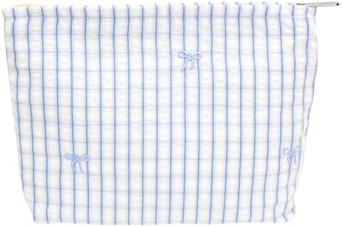 Flat Makeup Bag for Women, Zipper Cosmetic Pouch for Purse, Gingham Butterfly by PAZIMIIK