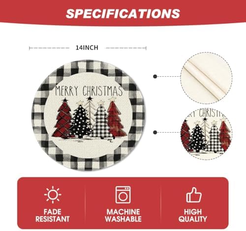 Artoid Mode Waterclor Buffalo Plaid Christmas Trees Merry Xmas Round Placemats - Image 6