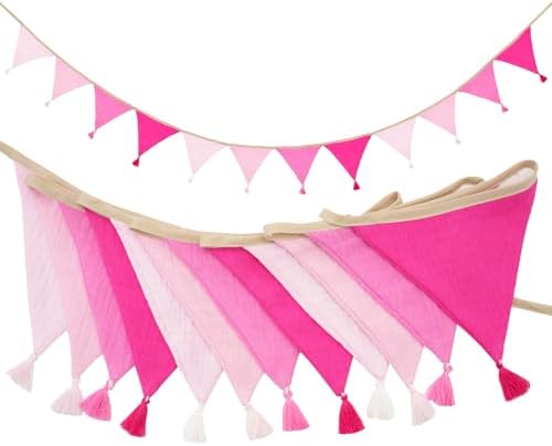 G2PLUS Cotton Fabric Bunting Banner, 9Ft Pink Triangle Pennant Banner Flag by G2PLUS