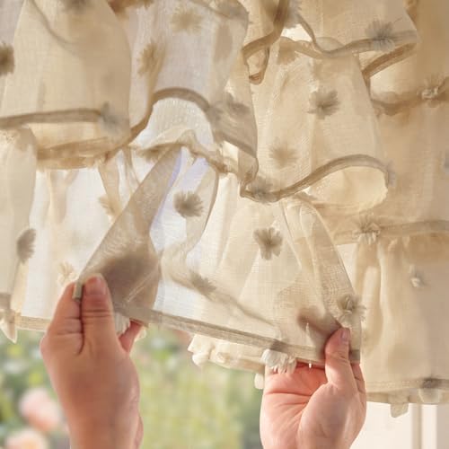 jinchan Ruffled Kitchen Valance Pom-Pom Sheer 1 Panel 18 Inch Beige - Image 6