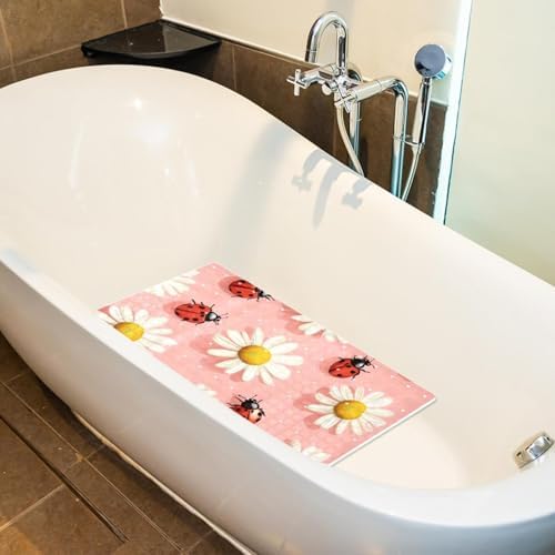Shower Mat Non Slip 26.8 x 15.1 Inches, Daisies Ladybug Bathtub Mat Shower - Image 5